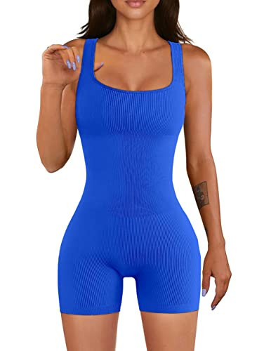 YIOIOIO Women Yoga Romper Workout Ribbed Square Neck One Piece Seamless Tank Top Jumpsuit | Amazon (US)