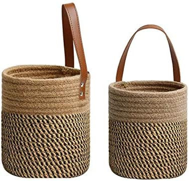 SYSI Hanging Storage Baskets with Leather Handle Woven Storage Bins Jute Wall Basket for Plants, ... | Amazon (UK)