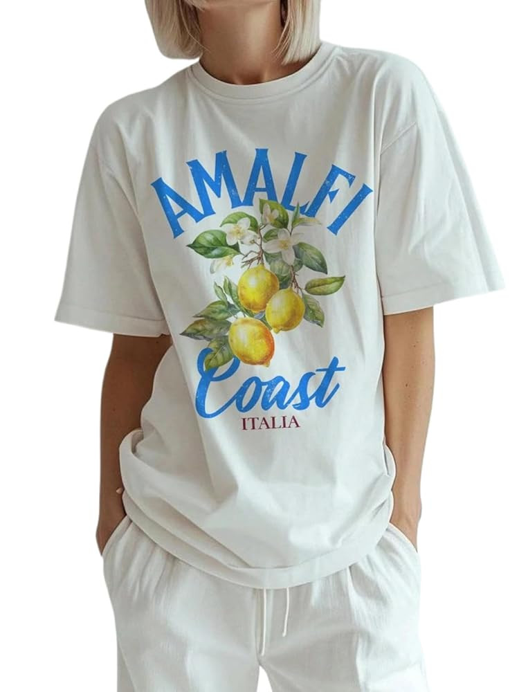 Cute Strawberry Beach Shirts Oversized Graphic Tees Women Short Sleeve Y2k Summer Tops 2000s Aest... | Amazon (US)