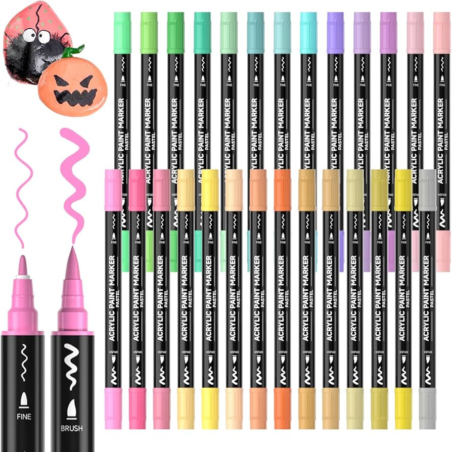 28 Pastel Colors Dual Tip Acrylic Paint Markers, Brush Tip and Fine Tip Acrylic Paint Pens for Ro... | Amazon (US)