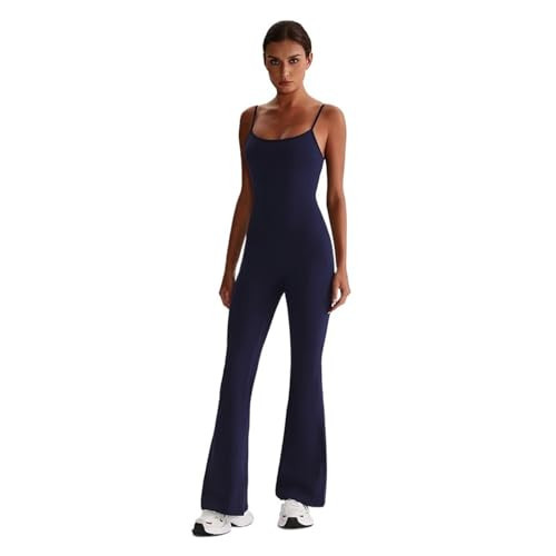 One Piece Gym Set Yoga Clothing Women Sexy Backless Workout Flared Jumpsuit Built in Bra Full Length Sleeveless Bodysuits(Midnight Blue,M-6) | Amazon (US)
