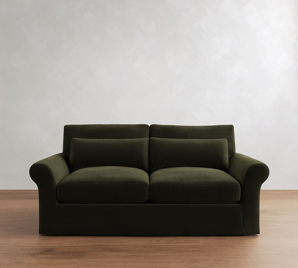PB Comfort Modern Roll Arm Slipcovered Deep Seat Sofa 82" 2x2, Down Blend Wrapped Cushions, Faux Mohair Velvet Loden | Pottery Barn (US)