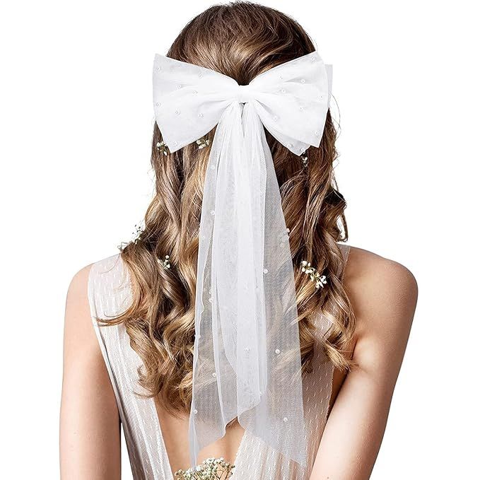 Juinte Bridal Hair Bow Veil Bachelorette Party Pearl Clip Wedding Bride Accessories Bridesmaid Fa... | Amazon (US)