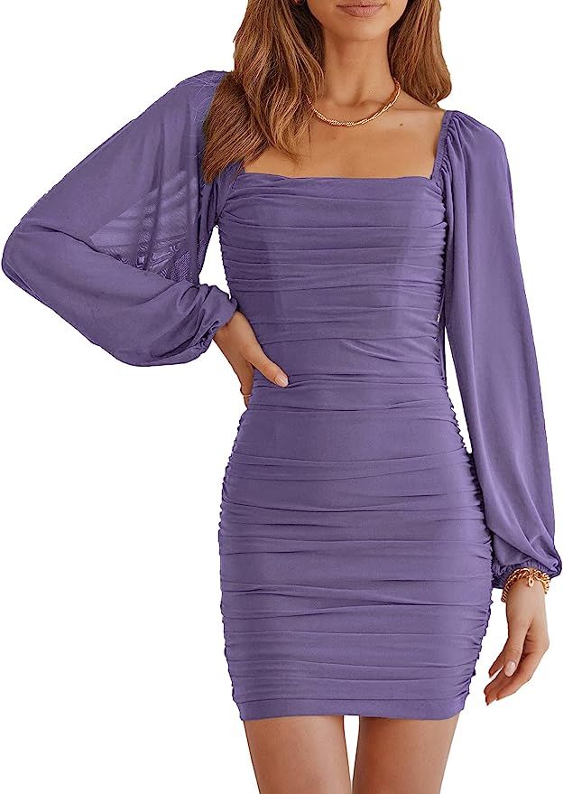 MASCOMODA Women Elegant Square Neck Lantern Long Sleeve Mini Ruched Bodycon Dress Stretch Mesh Sl... | Amazon (US)