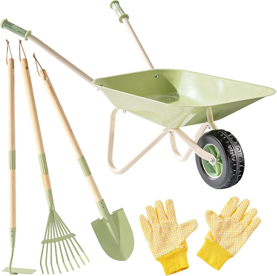 ROBOTIME Kids Wheelbarrow Set, 5PCS Kids Gardening Tool Set with Metal Toy Wheelbarrow, Shovel, H... | Amazon (US)