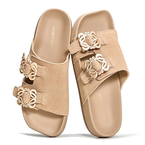 Project Cloud 100% Genuine Leather Womens Sandals Dressy - Lightweight & Non-Slip Women's Flats Sandals Women with Plush & Soft Insole Slides Sandals for Women 2026 (VELORA, BEIGESUEDE,5.5M) | Amazon (US)