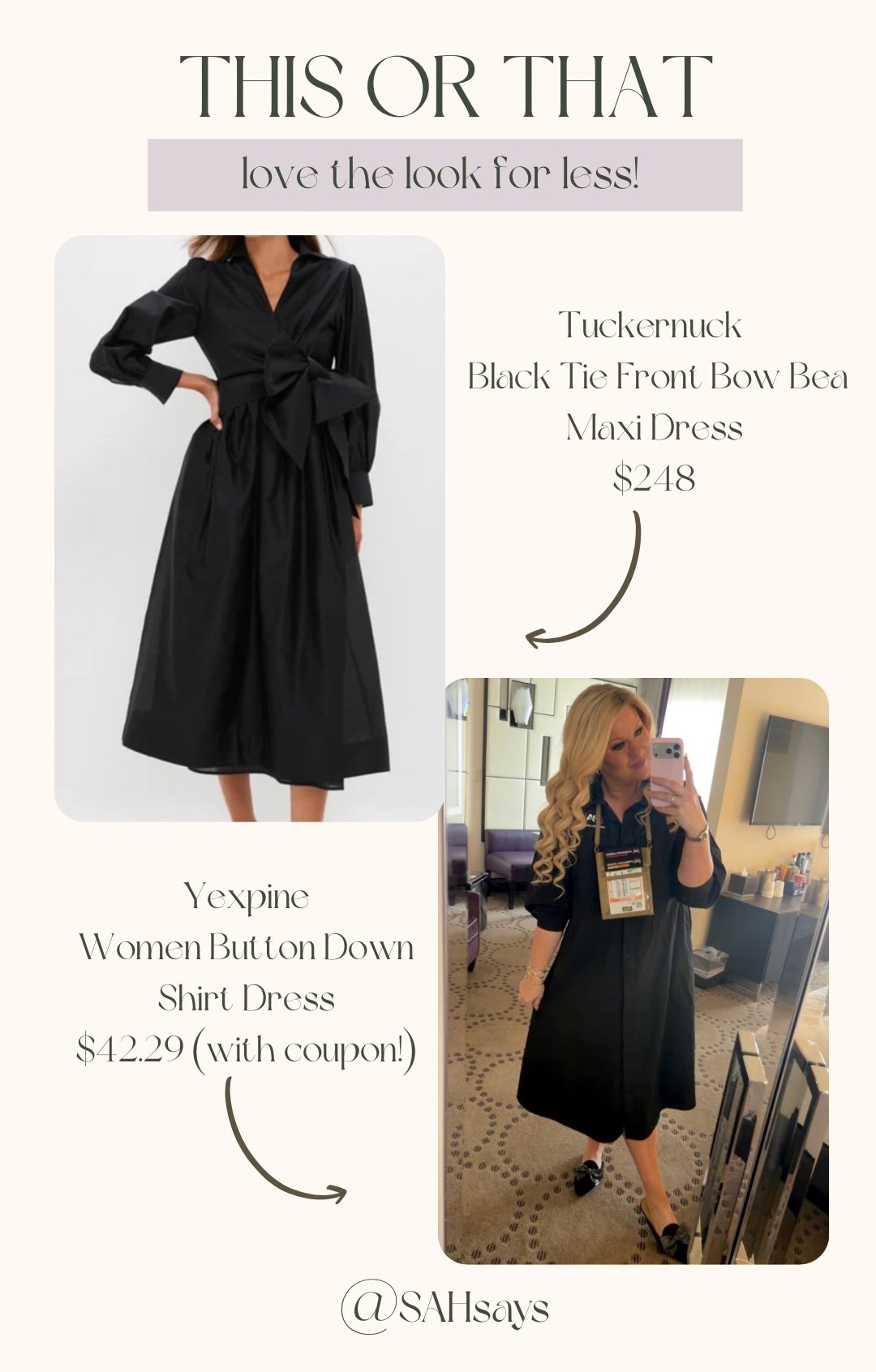 Shop this or that! Love the look for less. If you’re a Tuckernuck girl and love a shirt dress, try this amazing find for a budget friendly fit. The belt is different but you can throw on a different bow sash for jazz it up! 