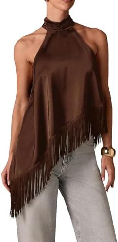 Women Fringe Satin Tank Top Y2K Mock Neck Halter Crop Top Sleeveless Silk Tassel Trim Tops Going ... | Amazon (US)