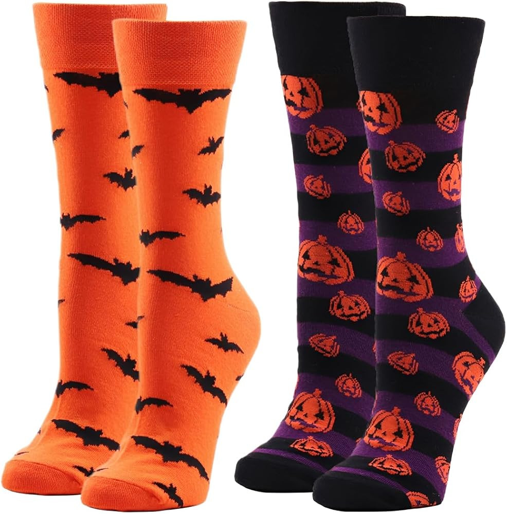 Men's Halloween Holiday Pumpkins Bats Crazy Novelty Cotton Crew Length Casual Dress Socks 2 Pack | Amazon (US)