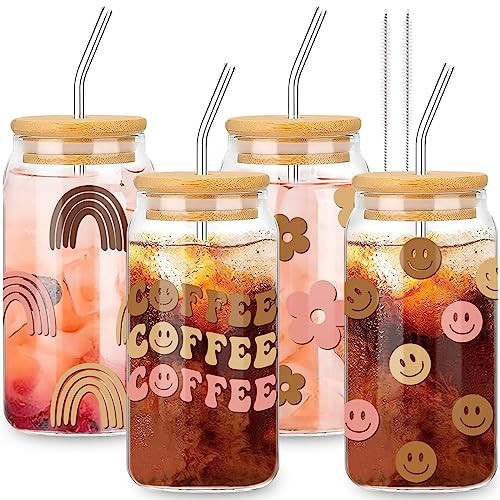Whaline 4Pcs Boho Ice Coffee Cup with Bamboo Lids and Straws, 16oz Retro Groovy Drinking Glasses Rainbow Face Flower Beer Can Shaped Glass Cup for Soda Cocktail Whiskey Coffee Tea Water Wine | Amazon (US)