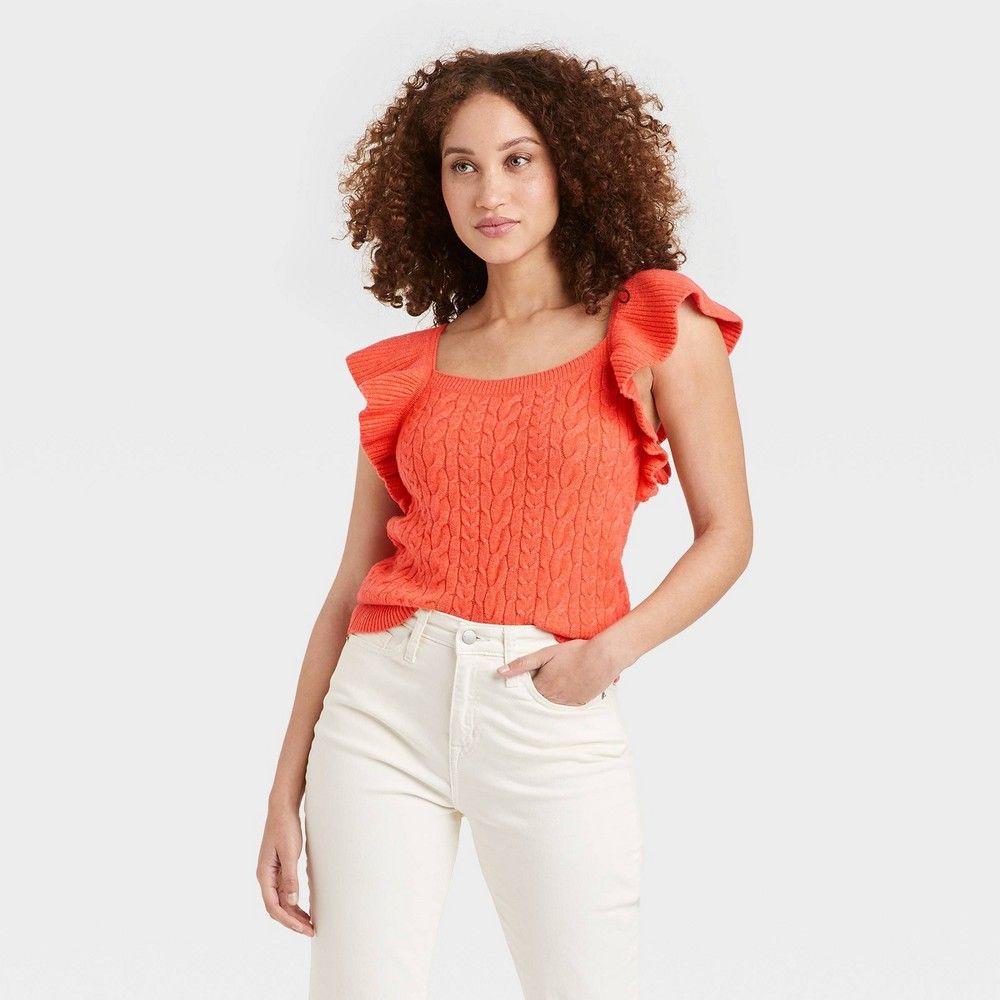 Women's Square Neck Ruffle Sweater Vest - A New Day Orange XXL | Target
