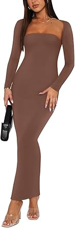 REORIA Womens Sexy 2 Piece Outfits Long Sleeve Bolero Shrug Going Out Strapless Fashion Maxi Dres... | Amazon (US)