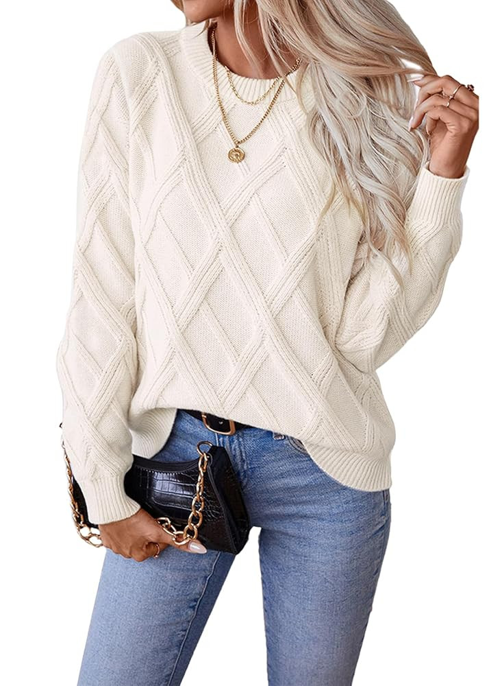 SHEWIN Womens Sweaters Crewneck Cable Knit Sweater Long Sleeve Fall Tops for Women 2025 | Amazon (US)
