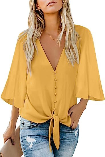 luvamia Women's V Neck Tops Ruffle 3/4 Sleeve Tie Knot Blouses Button Down Shirts | Amazon (US)