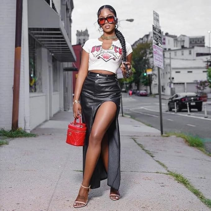 THLAI Women Leather Skirt Sexy Side Split Midi Skirt Black Faux Leather Skirt High Waisted Long S... | Amazon (US)