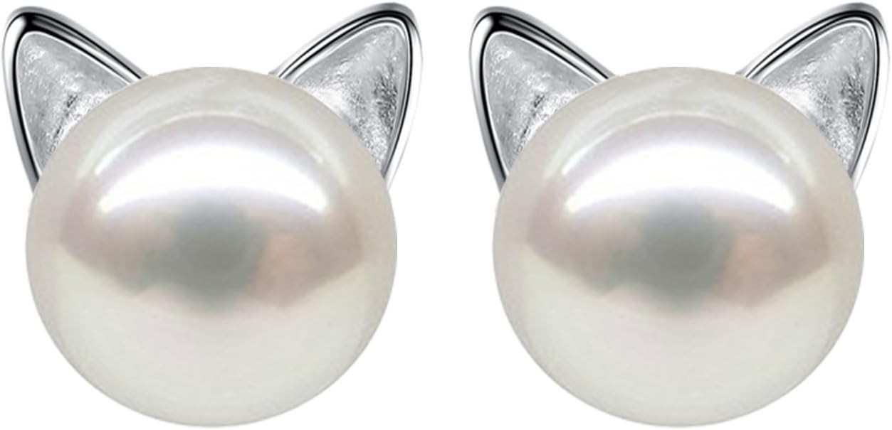 Wicary Cat Earrings Sterling Silver Pearl Earrings for Women Cat Stud Earring for Cat Lovers | Amazon (US)