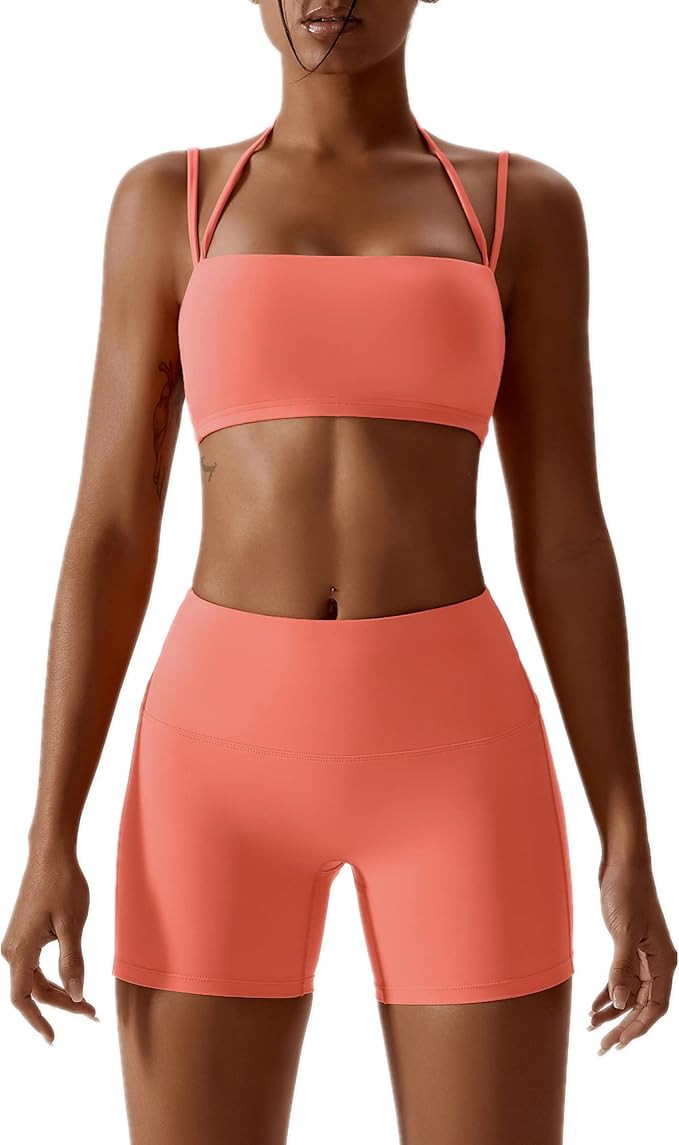 ABOCIW Workout Sets for Women 2 Piece Twist Front Halter Sports Bras High Waist Biker Shorts Exer... | Amazon (US)