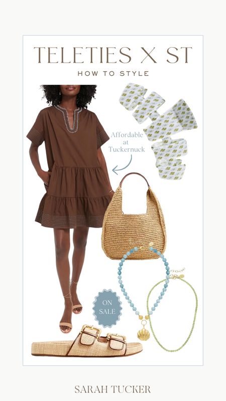 Casual spring dress outfit - This brown tiered mini dress is an affordable Tuckernuck find. I love the loose, casual fit. Pair with a teleties claw clip, beaded necklaces, and a woven shoulder bag and sandals (these are on sale!)

Casual style, casual outfit, spring break, vacation outfit, summer dress, mom style, Jcrew style 

#LTKSeasonal #LTKfindsunder50 #LTKfindsunder100