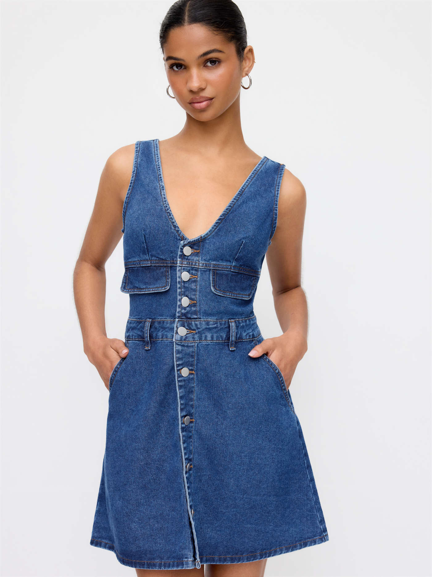 Denim Cider Denim V-Neck Metal Detail Oversized A-line Mini Dress For Daily Casual Work | Cider