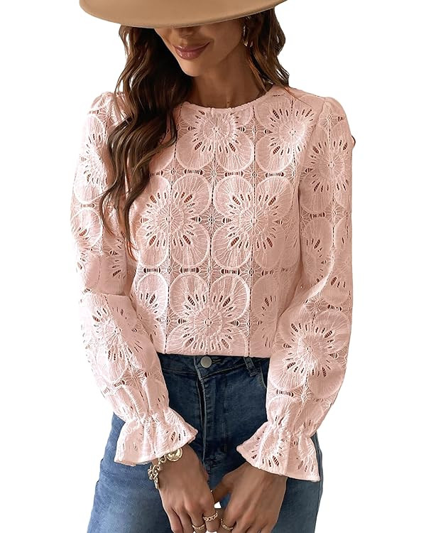 CUPSHE Women Eyelet Long Sleeve Tops Shirts Dressy Hollow Out Crochet Lace Embroidered Blouses 20... | Amazon (US)