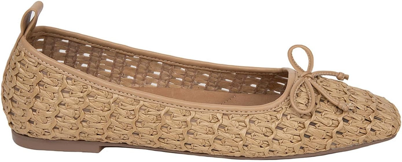 Mesh Raffia Ballet Flats for Women Mary Jane Flats Bows Woven Ballerina Brown Slip on Square Toe ... | Amazon (US)