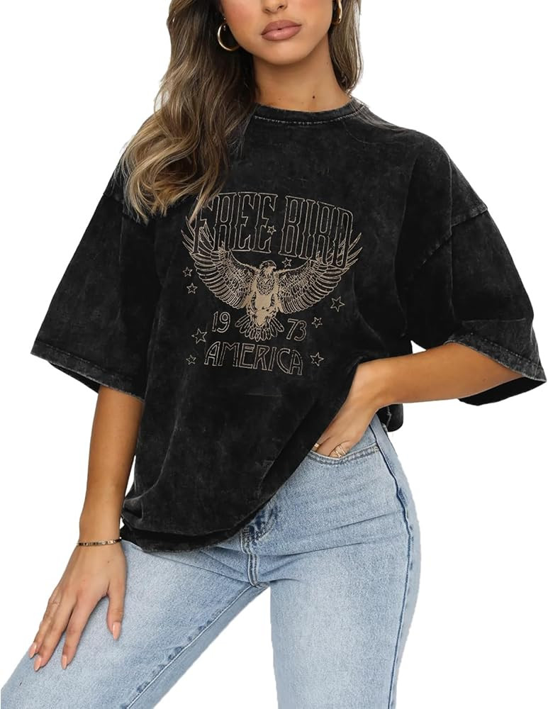 Vintage Rock Band Tshirts Women Retro Free Bird Western Graphic Tees Country Music Shirts Casual ... | Amazon (US)