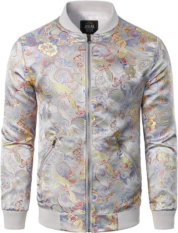 JOGAL Men's Luxury Paisley Floral Embroidered Satin Bomber Jacket | Amazon (US)