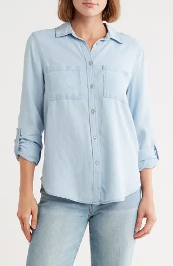 DKNY Jeans Denim Button-Up Shirt in Chambray Stripe at Nordstrom Rack, Size X-Small | Nordstrom Rack