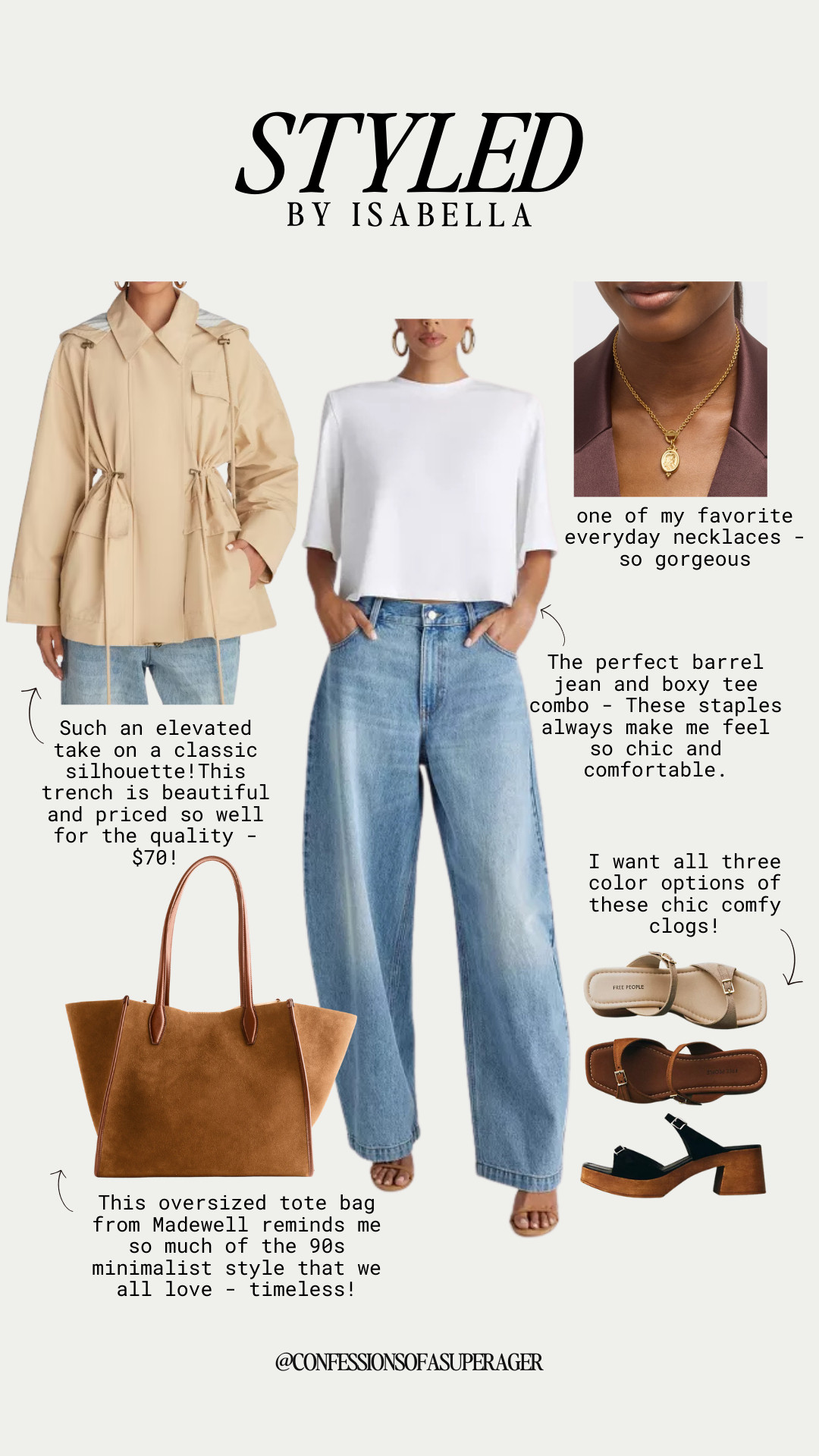 Effortless elevated casual style for everyday wear 🤍 This boxy tee and barrel jean outfit paired with a lightweight trench jacket, Madewell oversized suede tote, and chic clogs creates the perfect minimalist spring outfit that’s comfortable, polished, and timeless. These versatile wardrobe staples are ideal for building a capsule wardrobe you’ll reach for on repeat—tap to shop my favorite affordable luxury finds and spring fashion essentials before they sell out! 

 #LTKStyle #LTKFinds #SpringStyle #BarrelJeans #CasualChic #MinimalStyle #CapsuleWardrobe #MadewellStyle #EverydayOutfit #EffortlessStyle #NeutralStyle #SpringOutfit #WardrobeStaples #LTKFashion #ClassicStyle 

#LTKSpringSale #LTKootd #LTKOver40