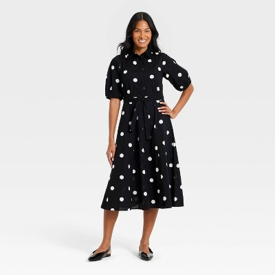 Women's Midi Button-Down Shirtdress - A New Day™ Black/Cream Polka Dot L | Target