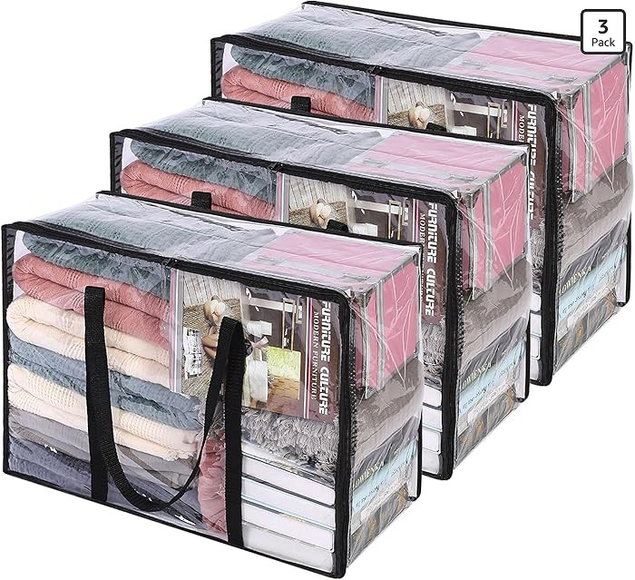 Vieshful 3 Pack Clear Clothes Storage Bag, 40L Plastic Blanket Storage Bag with Zipper, Foldable ... | Amazon (US)