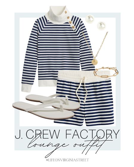 Cozy lounge outfit from J. Crew Factory for chilly beach nights including this striped set, white sandals, gold bracelet, gold necklace, and pearl earrings. 

coastal style, coastal outfit, coastal fashion, beach outfit, matching set, j. crew factory, beach loungewear, loungewear

#LTKhome #LTKstyletip #LTKFind