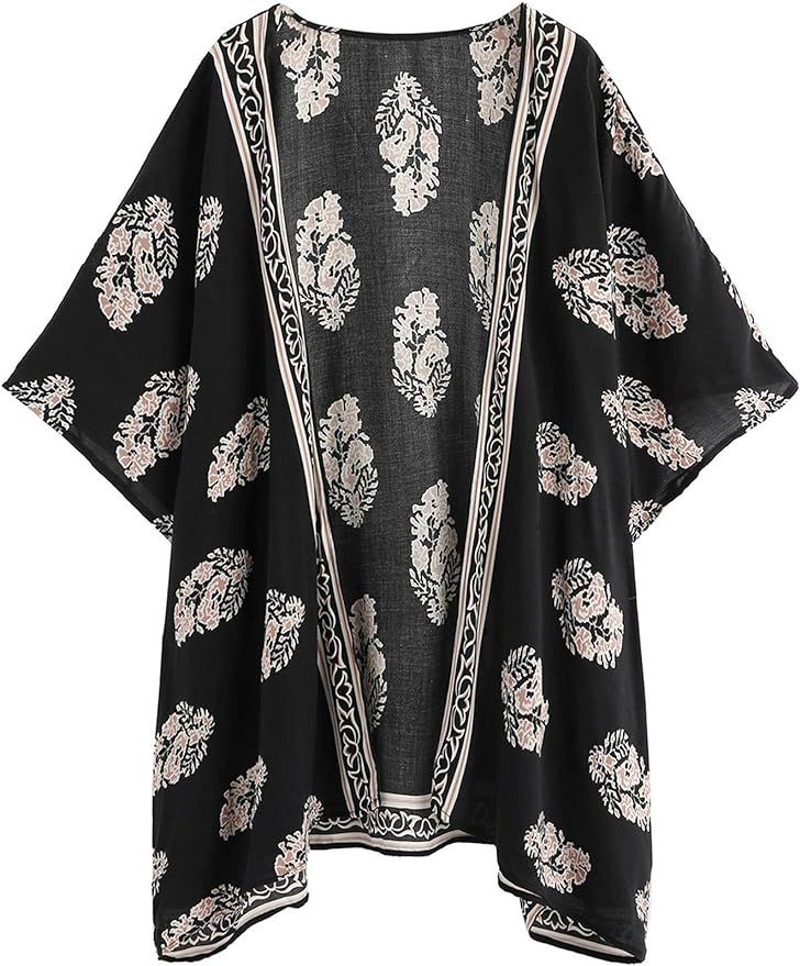 SweatyRocks Women Kimono Vintage Floral Beach Long Cover Up | Amazon (US)