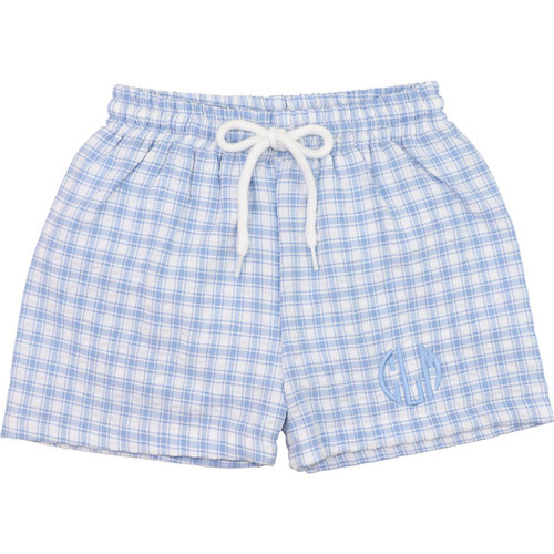 Blue Plaid Seersucker Swim Trunks | Cecil and Lou