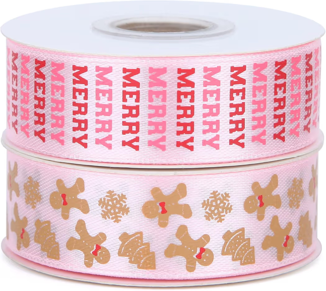 Gingerbread Ribbon 7/8 Inch 20 Yards Pink Merry Christmas Candy Cane Fabric Craft Ribbon for Chri... | Amazon (US)