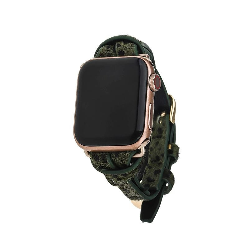Dark Green Spotted Animal Print Apple Watch Strap on Gold | Victoria Emerson