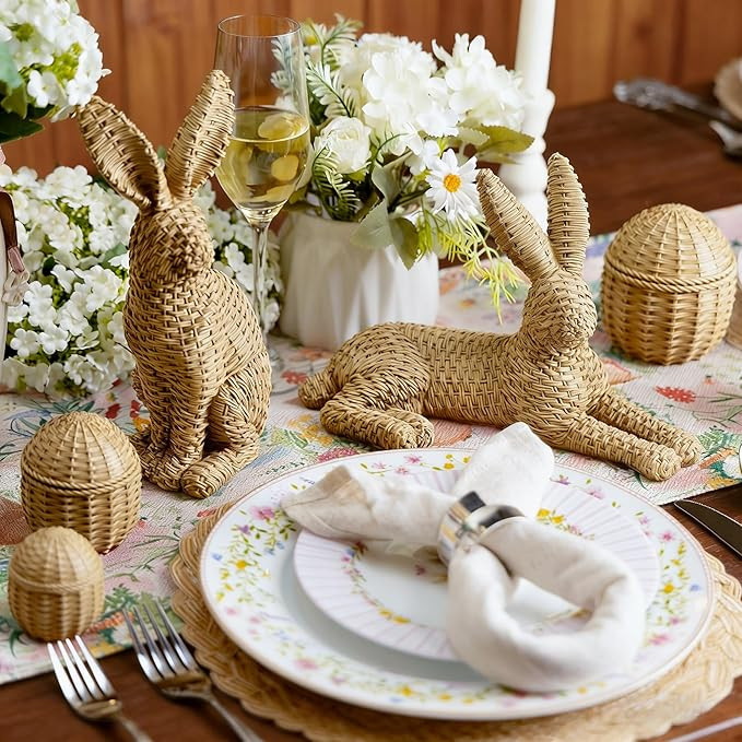 Easter Decorations for Home – 5 Pieces Rattan Effect Bunny & Egg Set, Easter Bunny Figurines wi... | Amazon (US)