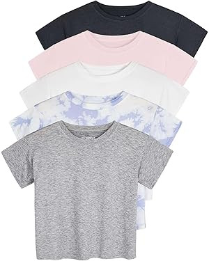Real Essentials 5 Pack: Women's Dry Fit Crop Top - Short Sleeve Crew Neck Stretch Athletic Tee (A... | Amazon (US)