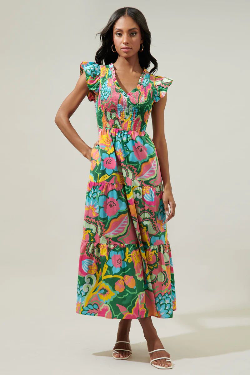 Lanai Multi Tropics Sunfire Smocked Bodice Tiered Midi Dress | Sugarlips