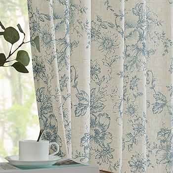jinchan Linen Curtains Floral Curtains for Living Room 84 Inch Length Blue Printed Curtains Rod P... | Amazon (US)