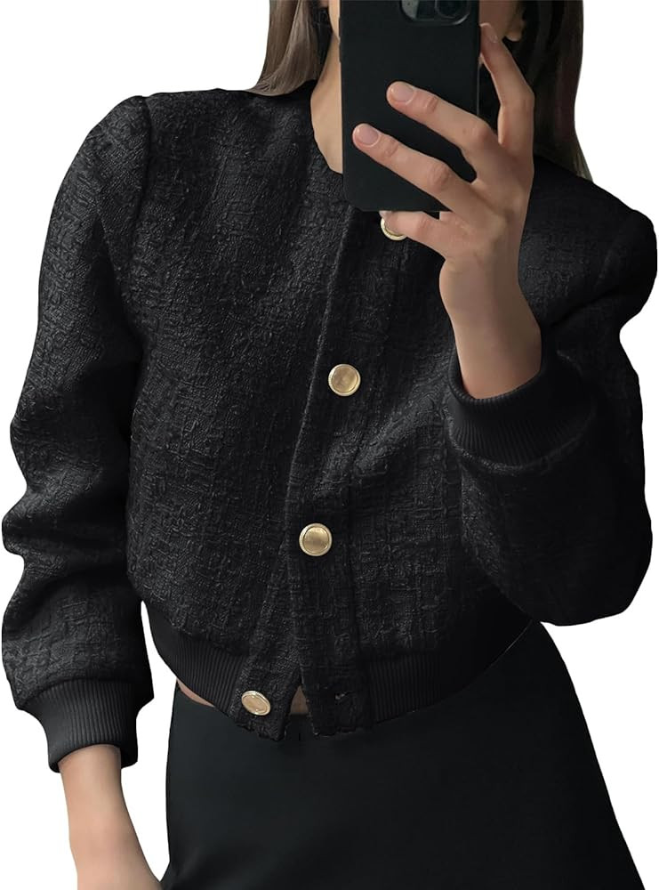 Tankaneo Womens Cropped Tweed Jacket Casual Button Down Long Sleeve Collarless Coats Fall Outerwe... | Amazon (US)