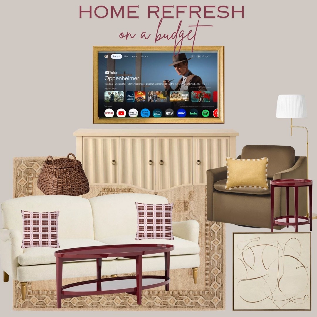 Budget home decor. Target home. Tv console. Frame tv. Tv frame. Floor lamp. Brown accent chair. Brown velvet. White sofa. Lacquer coffee table. Maroon. Area rug. Neutral decor. Fall decor. Wall art. Canvas. Throw pillows  

#LTKHome #LTKSeasonal #LTKSaleAlert