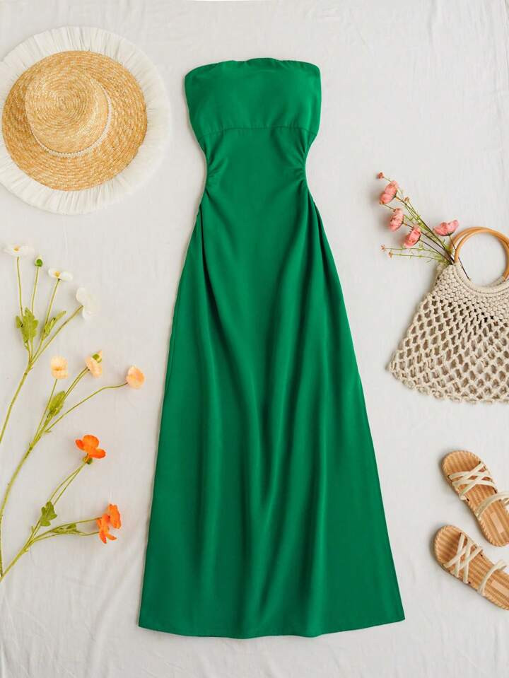 SHEIN WYWH Green Strapless Hollow Out Back Tie Waist Slit Romantic Vacation Women A-Line Dress | SHEIN