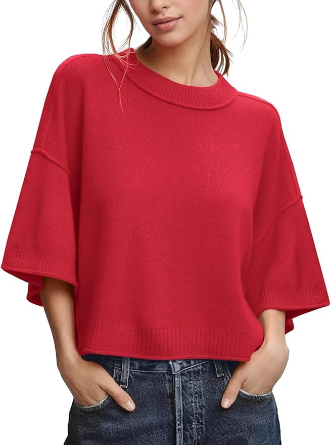 ZDC Women's Oversized Sweaters Summer 3/4 Sleeve Casual Cropped Tops Lightweight Loose Fit Knit P... | Amazon (US)