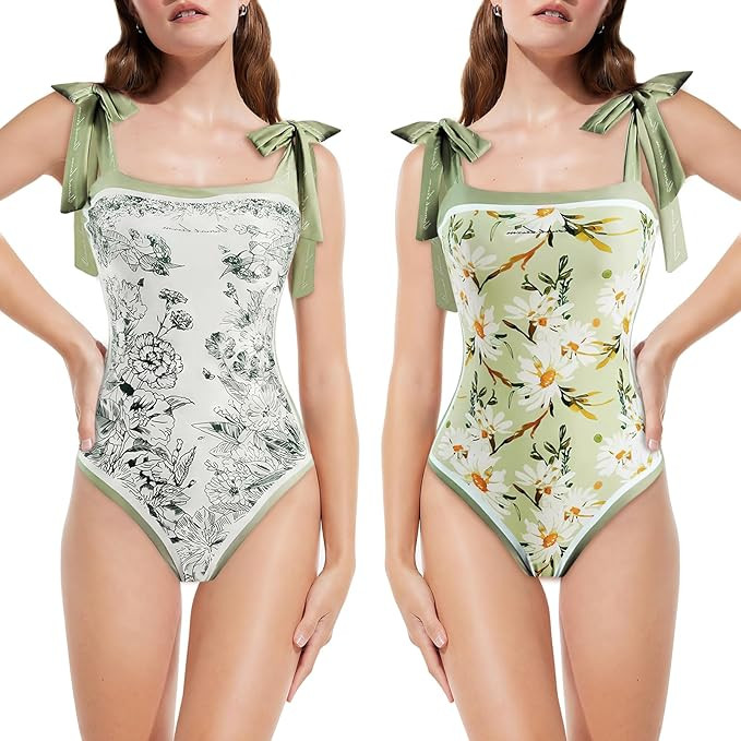 Women Floral One Piece Swimsuits, Reversible Tie Shoulder Monokini, Tummy Control Bathing Suits, ... | Amazon (US)