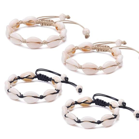 4 Pack Adjustable Shell Bracelets Anklets Set Natural Cowrie Shell Beads Puka Seashells Ankle Jew... | Amazon (US)