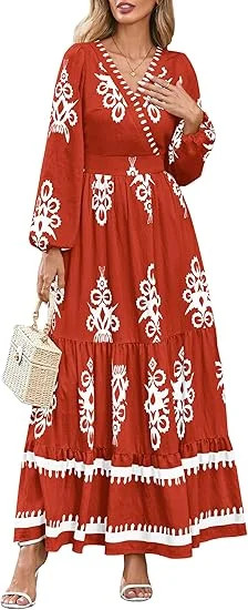 PRETTYGARDEN Women's Fall Wedding Guest Dresses Boho Floral Long Sleeve V Neck Flowy Elegant Maxi... | Walmart (US)