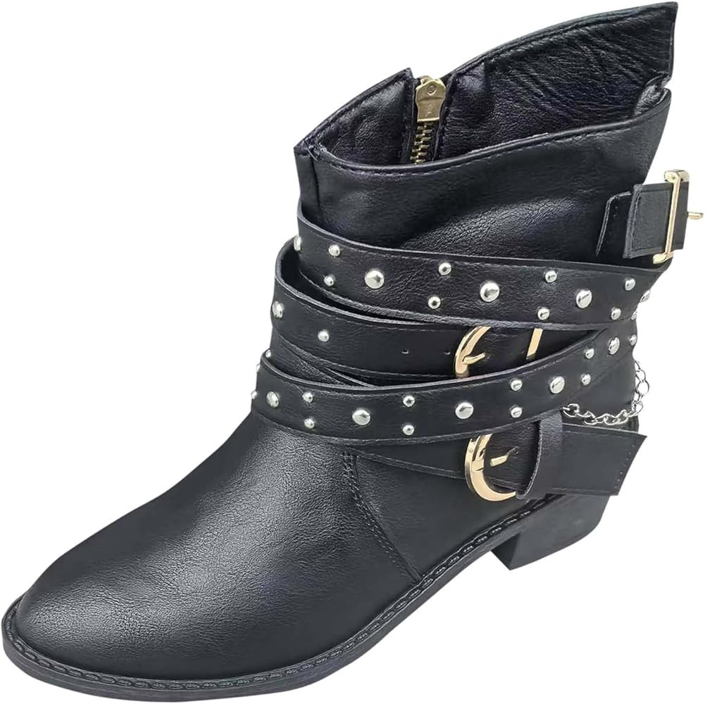 Women's Rhinestone Buckle Ankle Boots Chunky Heel Leather Boots Side Zipper Vintage Ankle Booties... | Amazon (CA)
