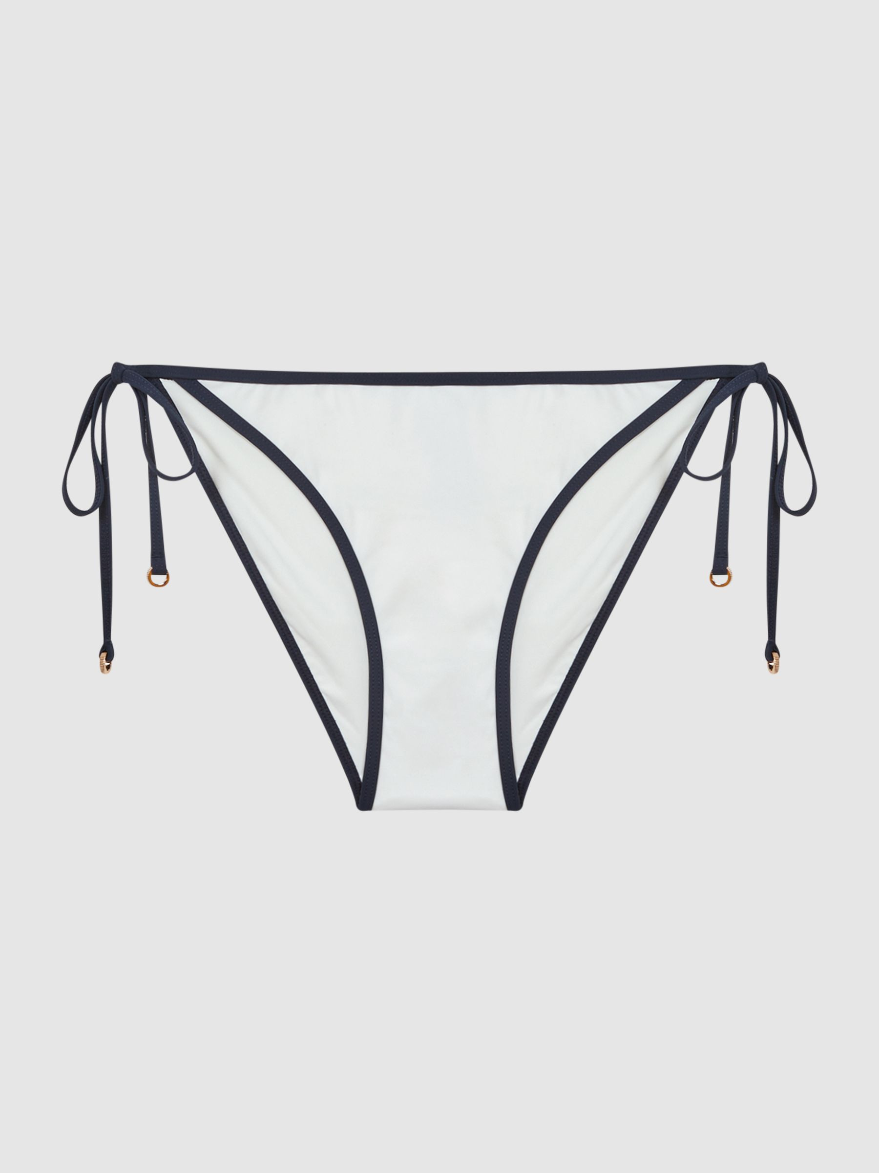 Side Tie Contrast Trim Bikini Bottoms in White/Navy | Reiss UK