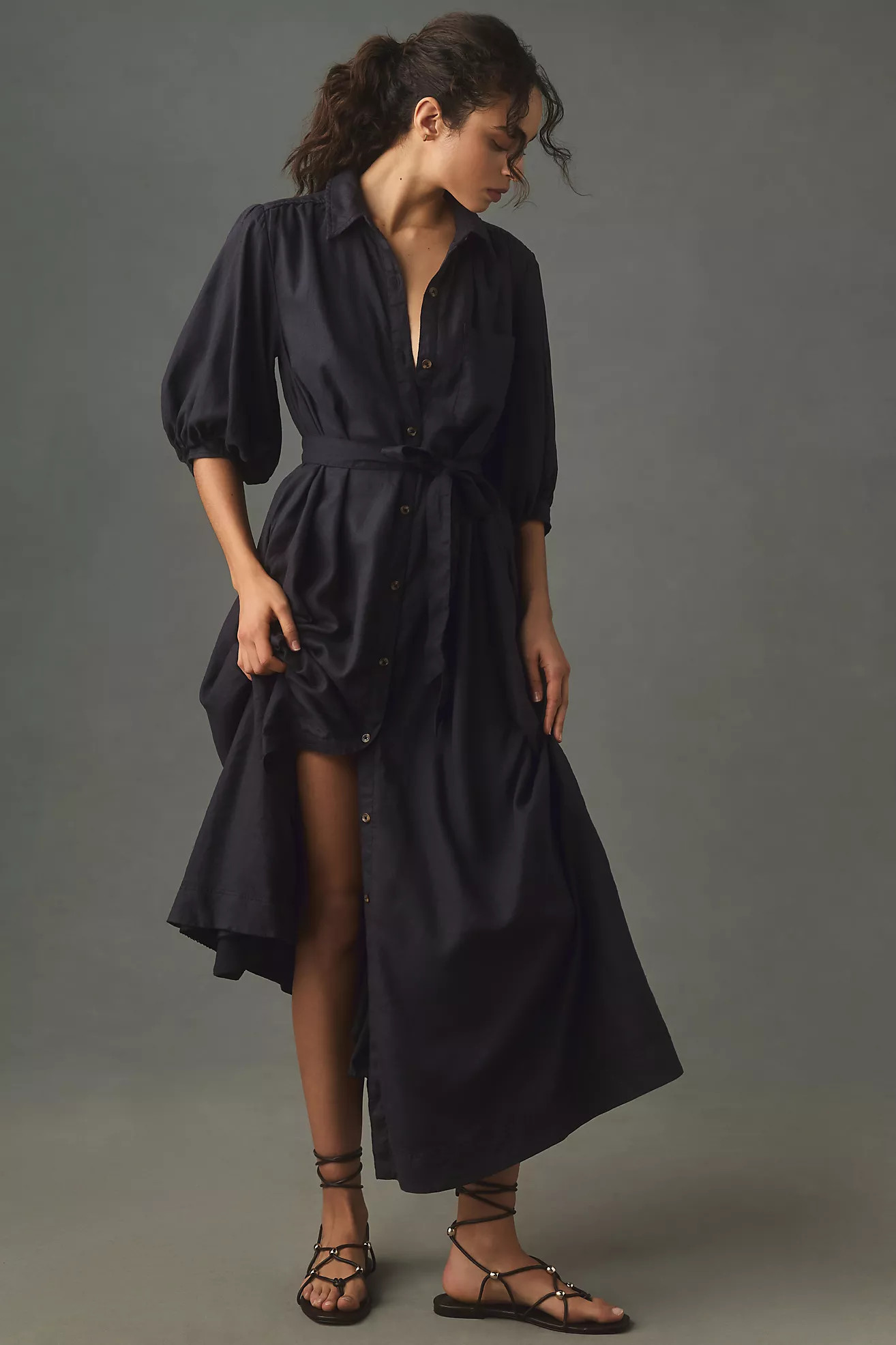 Maeve Linen Button-Front Belted Maxi Shirt Dress | Anthropologie (US)